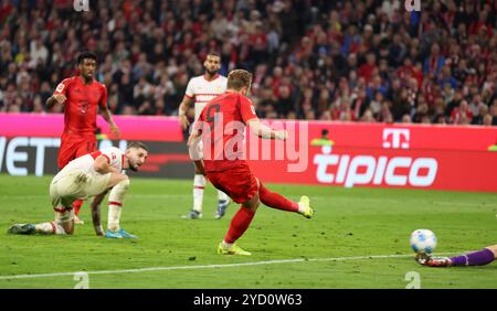 MUNICH, ALLEMAGNE - 19 OCTOBRE : Harry Kane du Bayern Muenchen marque le but 3:0 lors du match de Bundesliga entre le FC Bayern München et le VfB Stuttgart à l'Allianz Arena le 19 octobre 2024 à Munich, Allemagne. © diebilderwelt / Alamy Stock Banque D'Images