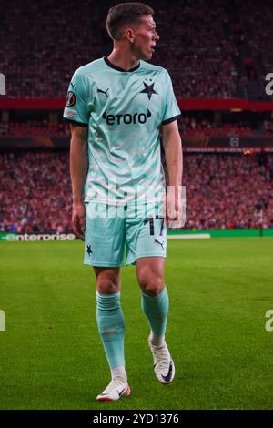 Bilbao, Espagne, 24 octobre 2024 : le joueur de Slavia Praha Lukáš Provod (17 ans) lors du match de la phase de groupes de l'UEFA Europa League 2024-25 Round 3 entre Athletic Club et Slavia Praha le 24 octobre 2024 au stade San Mamés de Bilbao, Espagne. Crédit : Alberto Brevers / Alamy Live News. Banque D'Images