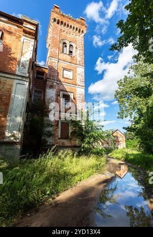 Vieux bâtiment en briques abandonné en été Banque D'Images