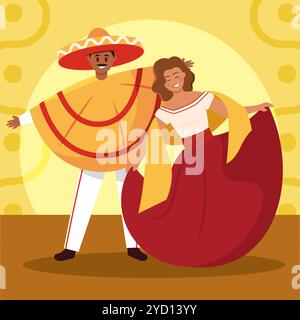 Heureux couple mexicain dansant dans des tenues traditionnelles, Vector Illustration de Vecteur