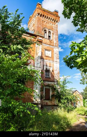 Vieux bâtiment en briques abandonné en été Banque D'Images