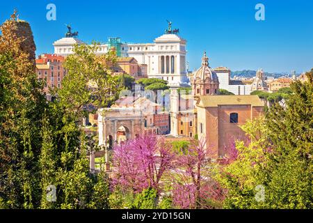 Vue panoramique printanière sur les ruines du Forum romain de Rome Banque D'Images