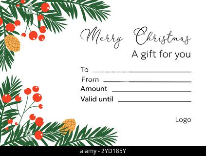 Modèle de certificat cadeau de Noël avec des éléments d'hiver dessinés à la main. Illustration vectorielle Illustration de Vecteur