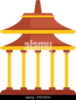 Bâtiment traditionnel de pagode asiatique avec toit rouge et piliers dorés debout sur fond blanc Illustration de Vecteur