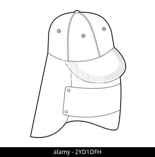 Casquette de protection extérieure avec capuche foulard. Tête mode accessoire vêtements illustration technique. Casque vectoriel pour hommes, femmes, style unisexe, modèle plat CAD maquette contour d'esquisse isolé Illustration de Vecteur