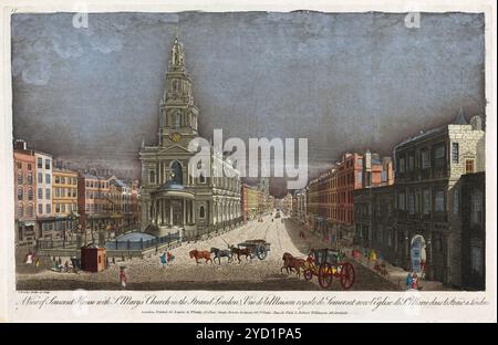 Une impression en couleur gravant une vue de Somerset House avec l'église St Marys dans le Strand London, Thomas Bowles Publisher Robert Wilkinson XVIIIe siècle horizon et perspective historique paysage urbain gravant aquarelle ancienne impression antique Banque D'Images