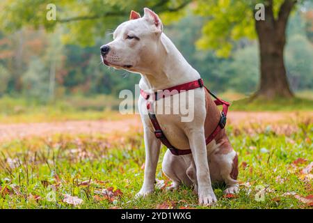 Chien Amstaff sur une promenade dans le parc. Gros chien. Chien brillant. Couleur de la lumière. Animal domestique. Banque D'Images