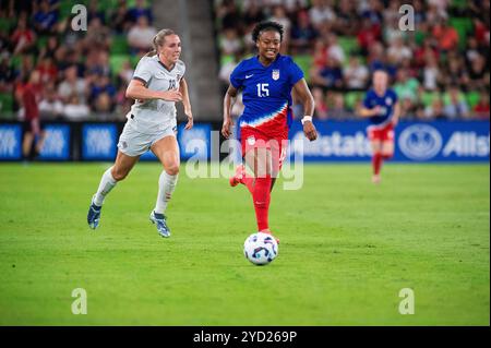 24 octobre 2024 : Jaedyn Shaw (15 ans) milieu de terrain avec l'US WomenÕs Soccer en action contre l'Islande au stade Q2. Austin, Texas. Mario Cantu/CSM Banque D'Images