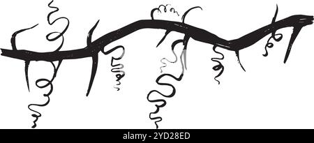 Une vigne noire saisissante et dramatique, ornée d'épines et de vrilles torsadées, idéale pour divers projets créatifs. Graphismes vectoriels en noir et blanc dessinés à la main en dessin au trait pour les matériaux imprimés, les intérieurs et plus encore. Illustration de Vecteur