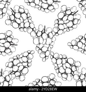 Cette illustration monochrome complexe présente des raisins stylisés disposés dans un motif répétitif sans couture. Graphiques vectoriels en noir et blanc dessinés à la main en dessin au trait pour l'impression sur papier et tissu. Illustration de Vecteur