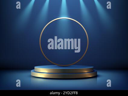 Podium circulaire en or 3D avec un cadre doré éclairé par des spots bleus, idéal pour les expositions de produits, les cérémonies de remise de prix ou les vitrines Illustration de Vecteur