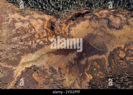 Image de drone, vue aérienne, gros plan, zone humide, tourbière en automne, Laponie, Finlande, Europe Banque D'Images