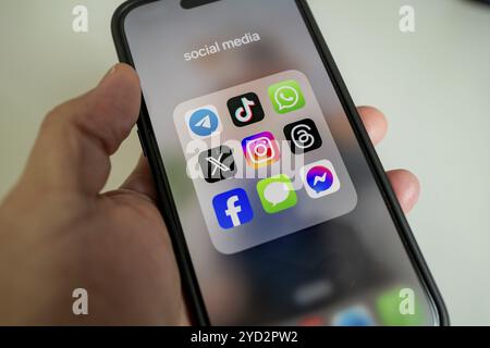 Une main tient un smartphone avec des icônes d'applications de médias sociaux sur l'écran, gros plan Banque D'Images