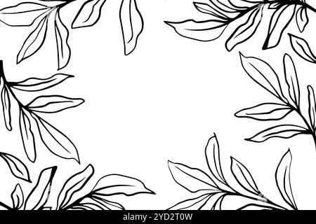 Illustration de ligne dessinée à la main botanique de vecteur noir et blanc, contour laisse le cadre avec un espace vide. pour des designs inspirés de la nature, invitations Illustration de Vecteur