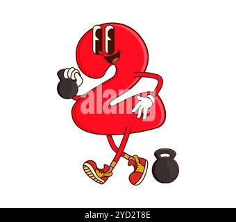 Maths numéro deux groovy personnage mignon sur le fitness. Caractère vectoriel isolé de dessin animé joyeux chiffre mathématique, numéro mathématique ou symbole numérique d'éducation des enfants, personnage groovy chiffre 2 avec kettlebell Illustration de Vecteur