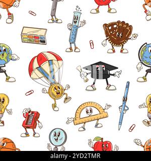 Dessin animé école papeterie groovy personnages sans couture. Vecteur fond de tuile ludique pour enfants avec des fournitures éducatives. Stylo, règle et globe, palette de couleurs, tube à essai, casquette ou diplôme de graduation Illustration de Vecteur
