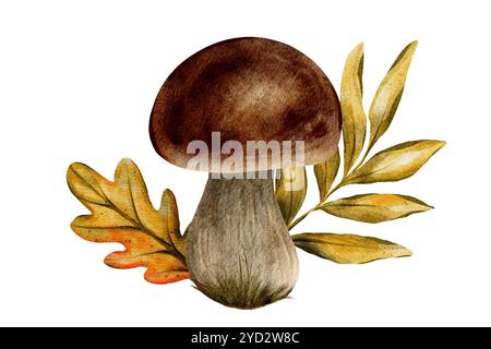 Aquarelle illustration dessinée à la main de champignon forestier avec des feuilles d'automne pour des conceptions saisonnières, des projets de nature, des impressions et une utilisation numérique. Parfait pour Banque D'Images