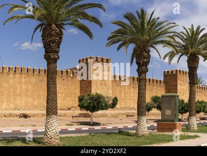 Taroudant, Maroc, 21 mars 2024 : vue du drapeau marocain et des remparts historiques de la ville autour de la médina de Taroudant, Afrique Banque D'Images