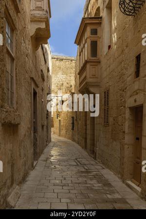 Mdina, Malte, 22 décembre 2023 : bâtiments calcaires jaune-ocre typiques dans la vieille ville de Mdina à Malte, en Europe Banque D'Images
