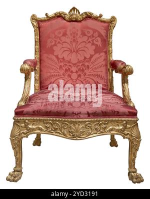 Un beau trône orné en or avec rembourrage rouge, isolé sur Un fond blanc Banque D'Images