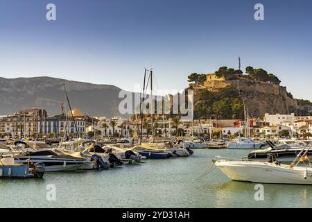 Denia, Espagne, 7 février 2024 : vue sur la marina sportive et le port et le château historique perché dans le centre historique de Denia, en Europe Banque D'Images