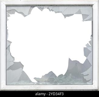 Isolated Smashed Glass In A Window Frame With White Background Stock Photo