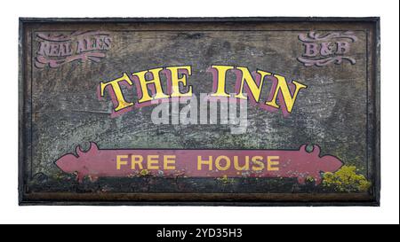 Rustique Old signe pour UNE auberge traditionnelle (pas vrai) et pub en Angleterre, isolé sur UN fond blanc Banque D'Images