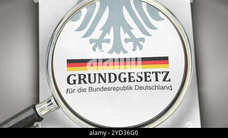 Lupe über Buch vom deutschen Grundgesetz Symbolbild zum Thema deutsches Grundgesetz, Meinungsfreiheit in Deutschland USW. *** Loupe au-dessus du livre de la Loi fondamentale allemande image symbolique sur le sujet de la Loi fondamentale allemande, la liberté d'opinion en Allemagne, etc Banque D'Images