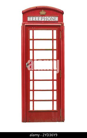 Isolé Vintage traditionnel rouge boîte de téléphone britannique ou stand sur Un fond blanc Banque D'Images