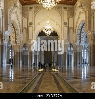 Casablanca, Maroc, 29 mars 2024 : touristes appréciant une visite et une visite guidée de la mosquée Hassan II dans le centre-ville de Casablanca, Afrique Banque D'Images