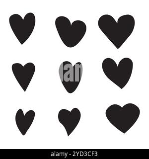Coeurs noirs dessinés à la main. Jeu de vecteurs simple. Collection de symboles d'amour. Différentes formes de coeur. Illustration de Vecteur
