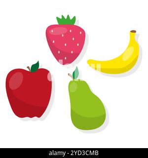 Ensemble de vecteurs de fruits. Icône de banane lumineuse. Symbole de poire verte. Vecteur simple de fraise. Illustration de Vecteur