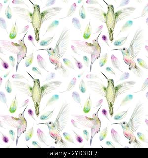 Motif sans couture de colibris et de plumes de couleurs vives. Le motif aquarelle est dessiné à la main. Convient pour l'emballage et la conception textile Banque D'Images
