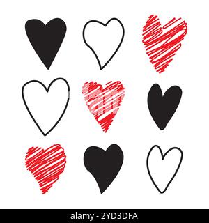 Cœurs dessinés à la main. Cœurs rouges et noirs. Griffonner les formes de coeur. Esquisse de ligne simple. Illustration de Vecteur