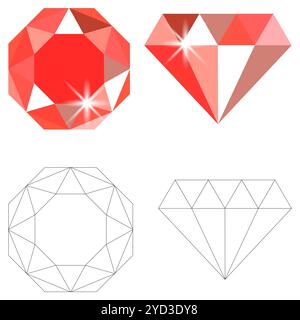 Icône de pierre précieuse rouge. Formes de losanges à facettes. Jeu de cristaux vectoriels. Illustration de Vecteur
