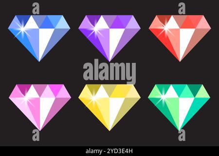 Icône de diamant coloré. Six motifs de pierres précieuses. Jeu de cristaux vectoriels. Illustration de Vecteur