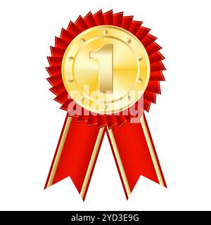 Médaille d'or avec rosette. Premier prix. Ruban rouge et rosette. Prix numéro un. Illustration de Vecteur