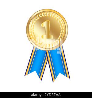 Icône de médaille d'or. Premier prix. Détail ruban bleu. Illustration vectorielle. Illustration de Vecteur