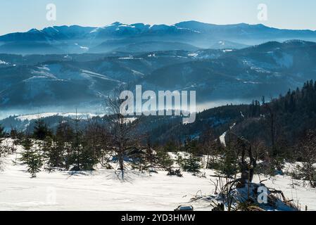 Krivanska Mala Fatra et les collines plus proches des montagnes Kysucka vrchovina - vue au-dessus du village de Bryzgalky dans les montagnes Kysucke Beskydy en Slovaquie pendant Banque D'Images