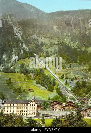 Vallée de Lauterbrunnen et chemin de fer de Murren, Oberland bernois, Suisse, historique, restauré numériquement reproduction d'un original du XIXe siècle, Record Banque D'Images