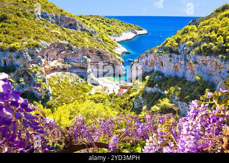 Pittoresque plage de Stiniva sur l'île de vis vue aérienne Banque D'Images