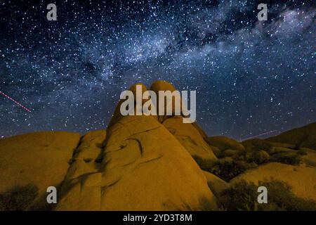 Ciel nocturne au-dessus des rochers dans le parc national de Joshua Tree, Californie Banque D'Images