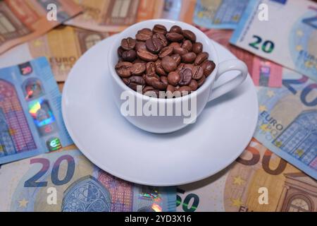Espressotasse gefüllt mit Kaffeebohnen auf Euro Geldscheinen *** Espresso tasse remplie de grains de café sur billets en euros Nordrhein-Westfalen Deutschland, Allemagne GMS17923 Banque D'Images