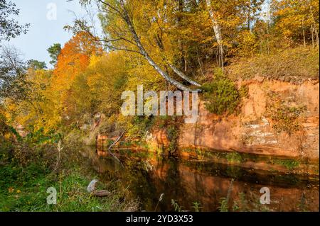 Les grottes sacrificielles de Liv sont deux minuscules grottes sur la rive droite de la rivière Svetupe. Paysage avec affleurement rocheux de grès rouge en automne. Banque D'Images