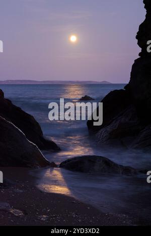 Lever de la lune vu à travers et au-dessus des rochers au bout de la plage de Plaidy près de Looe, Cornwall, Royaume-Uni, 17 septembre 2024, nuit avant Super Harvest Moon, Corn Moon Banque D'Images