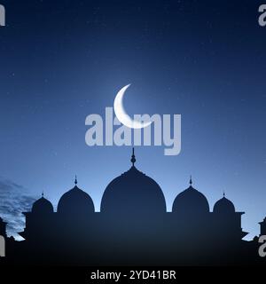 Silhouette d'une mosquée avec croissant de lune brille brillamment dans le ciel nocturne. Les étoiles sont dispersées dans le ciel. Religion islamique, Ramadan Banque D'Images