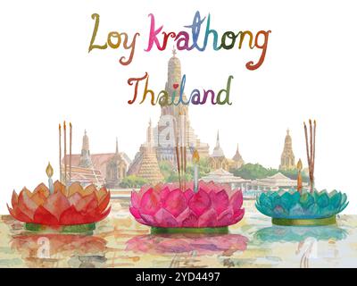 Loy Krathong festival à Wat Arun Temple arrière-plan à bangkok Thaïlande, paysage de peinture aquarelle coloré de l'architecture et vue sur la rivière, main dr. Banque D'Images