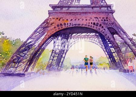 Paris ville européenne emblématique. France, Tour eiffel et amoureux homme et femme jogging le matin. Illustration de peinture à l'aquarelle, mariage, Valenti Banque D'Images