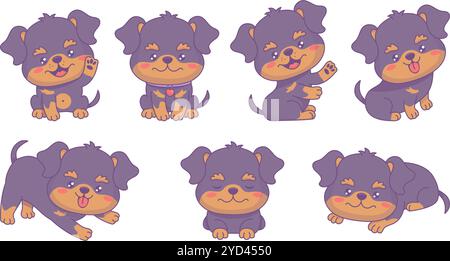 Collection Rottweiler pour chien mignon. Heureux chiot de dessin animé. Animal de compagnie de caractère kawaii drôle isolé. Illustration vectorielle. Collection enfants. Illustration de Vecteur
