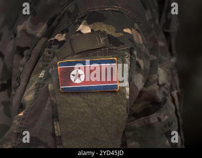 La Corée du Nord drapeau sur le bras de soldats (collage). Banque D'Images